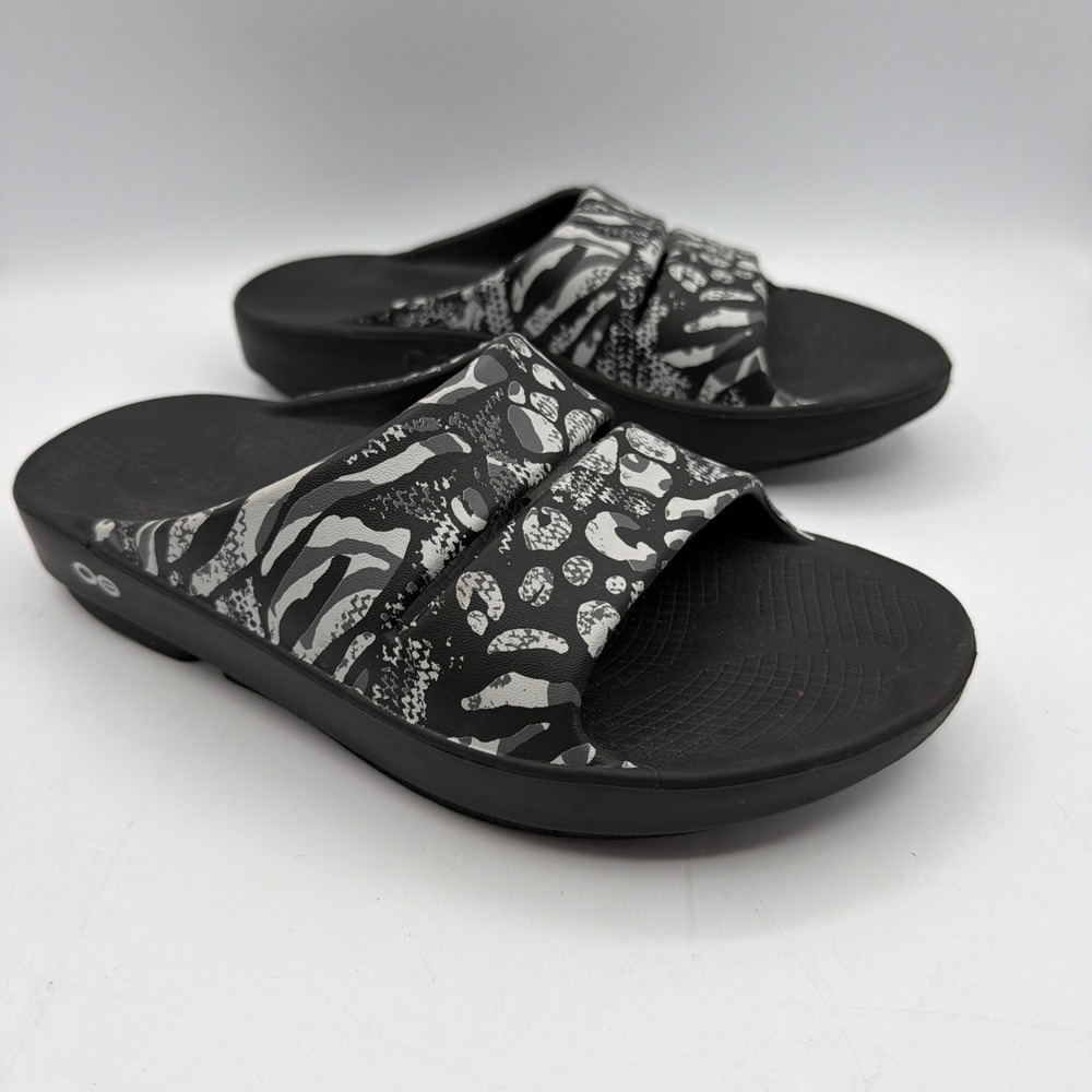 OOFOS Women's 8 Men's 6 OOahh Limited Slide Sandal Combo Camo Black White Gray